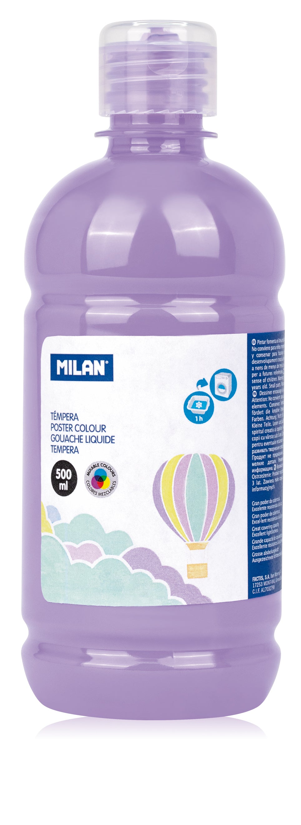 Flacon 500 ml vopsea tempera violet pastel MILAN pentru pictură școlară, activități creative pe carton și proiecte decorative delicate