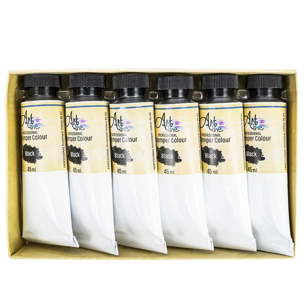 Set de 6 tuburi metalice de tempera Artline culoare negru 45ml vopsea pe baza de apa cu pigmenti non-toxici pentru scoala si hobby