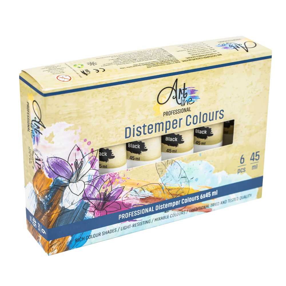 Set de 6 tuburi metalice de tempera Artline culoare negru 45ml vopsea pe baza de apa cu pigmenti non-toxici pentru scoala si hobby