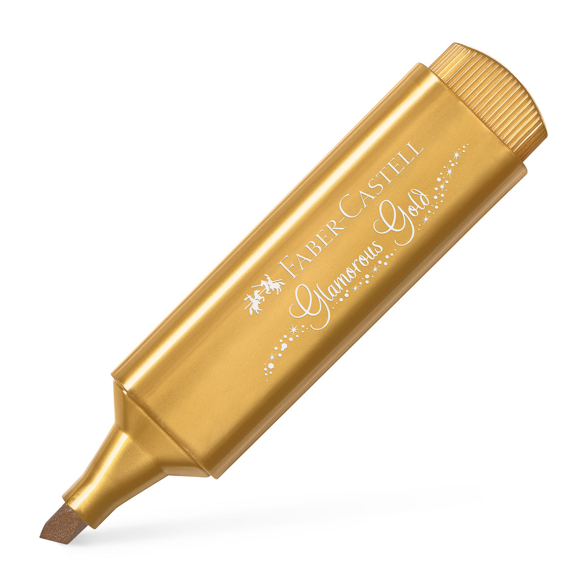 Textmarker auriu metalizat Faber-Castell 1546 cu vârf teșit pentru accente strălucitoare pe hârtie.