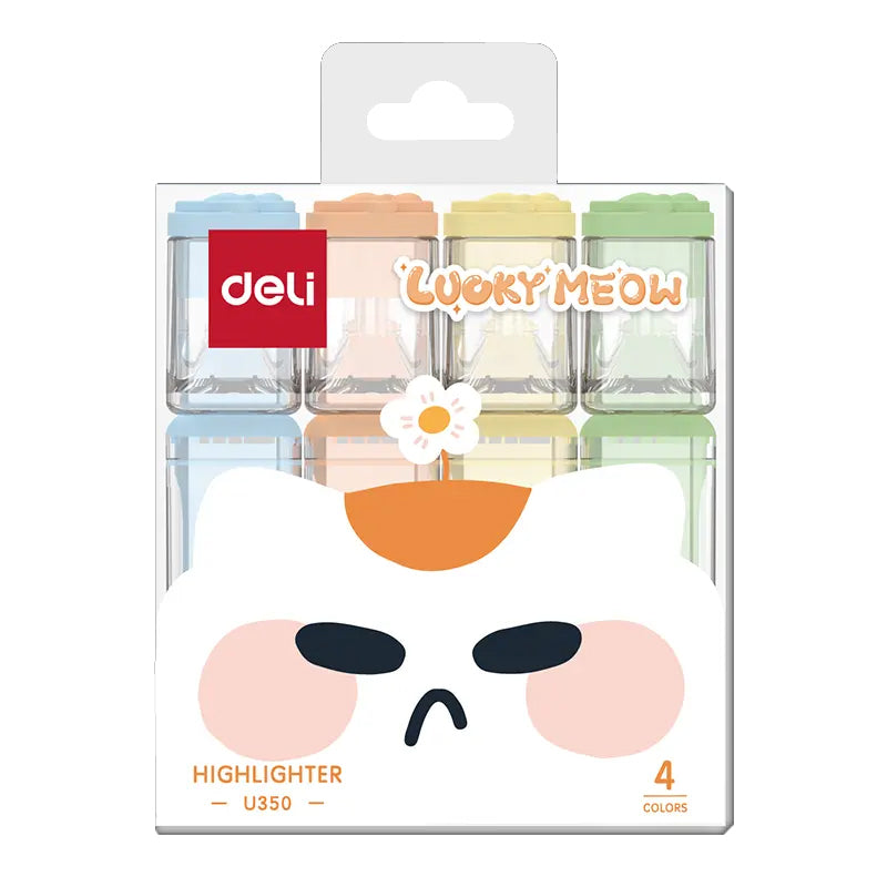 Set 4 textmarkere Deli Cats cu formă pătrată și culori fluorescente pentru școală și birou