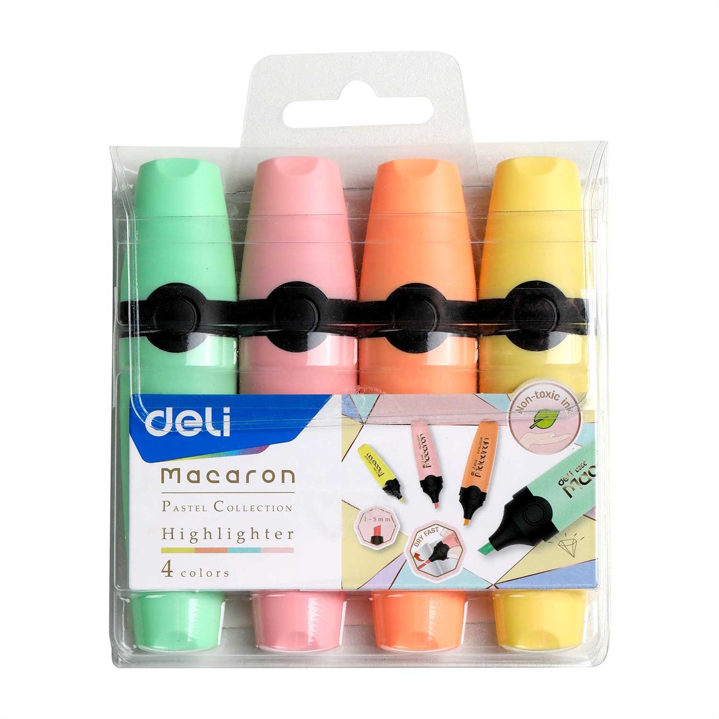 Set 4 textmarkere Deli Macarons în culori pastel cu cerneală pe bază de apă pentru școală și birou