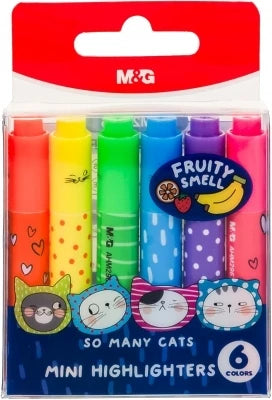 Textmarker M&G mini So many cats, parfumat cu aroma de fructe, 6 culori/set neon