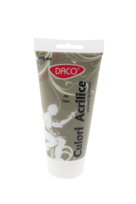 Tub vopsea acrilica DACO Alb Titan 200 ml pigment intens opacitate mare pentru pictura pe panza lemn si proiecte mari