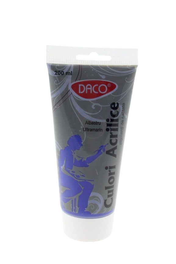 Tub vopsea acrilica DACO Albastru Ultramarin 200 ml pigment albastru intens pentru pictura pe panza lemn si proiecte de mari dimensiuni