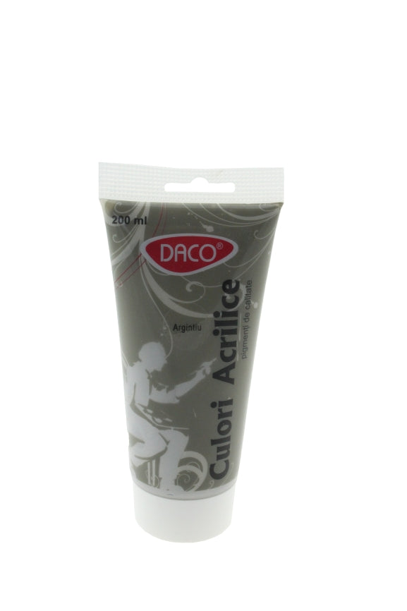 Tub vopsea acrilica DACO culoare Argintiu 200 ml efect metalic stralucitor pentru pictura pe panza lemn si proiecte creative