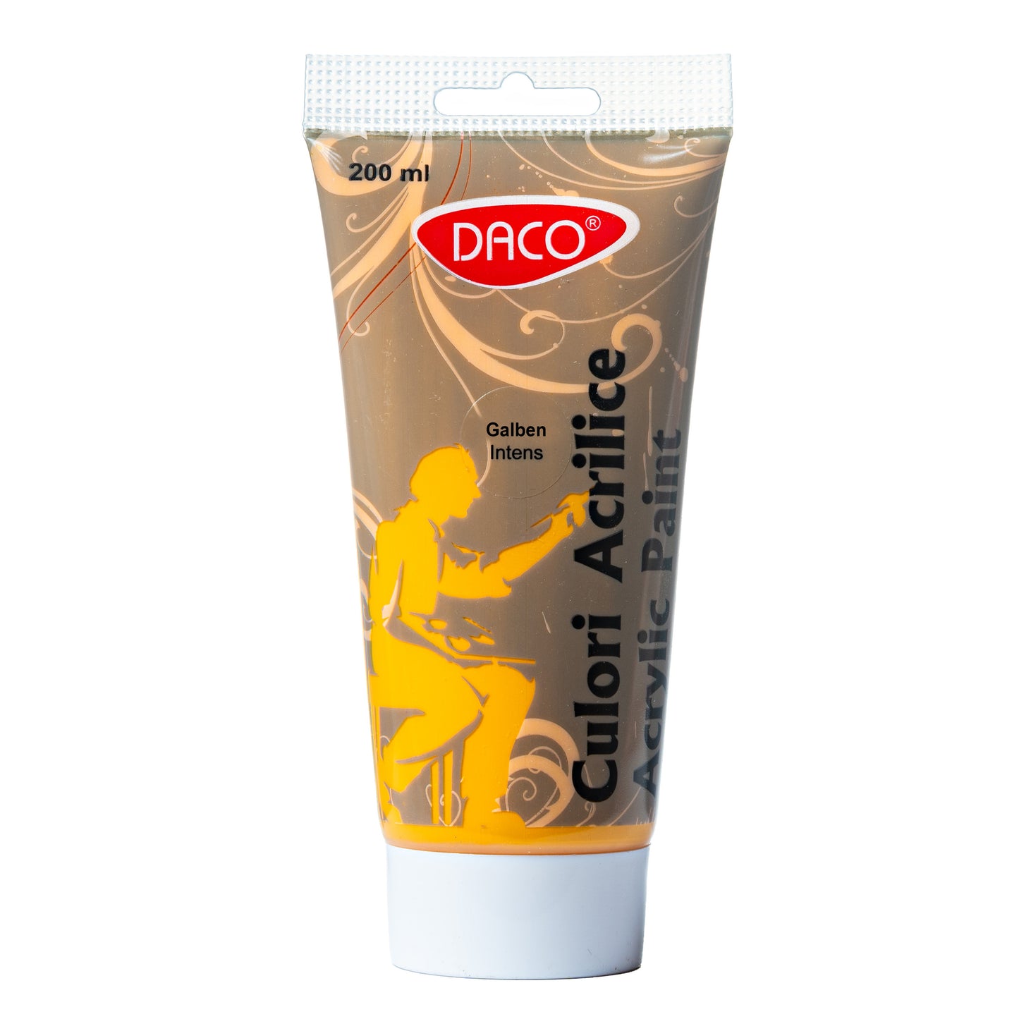 Tub vopsea acrilica DACO culoare Galben Inchis 200 ml pigment intens pentru pictura pe panza lemn si proiecte decorative