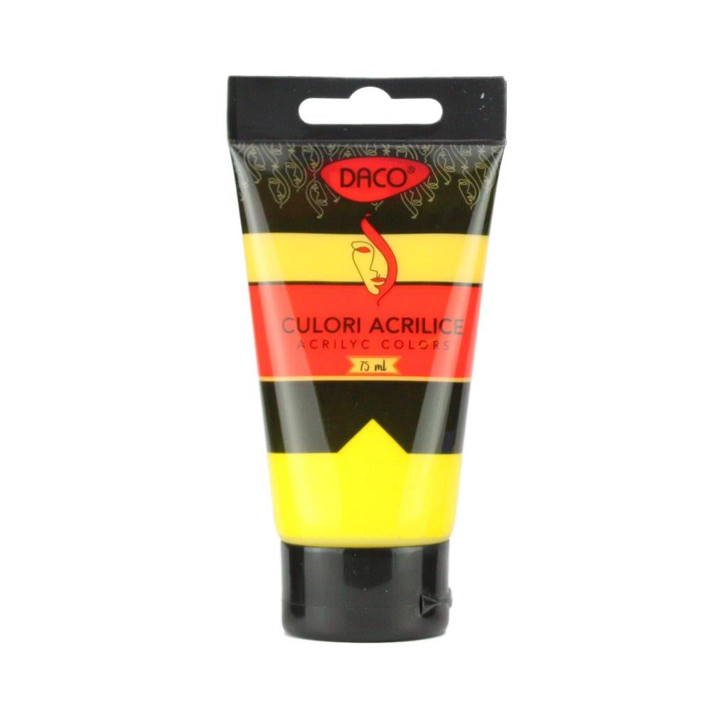 Tub vopsea acrilica DACO culoare Galben Mediu 75 ml pigment intens pentru pictura pe panza lemn si proiecte DIY creative