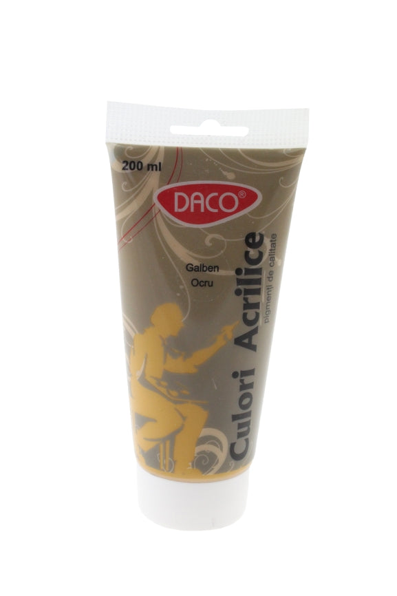 Tub vopsea acrilica DACO culoare Galben Ocru 200 ml pigment natural pământiu pentru pictură pe pânză lemn și proiecte creative