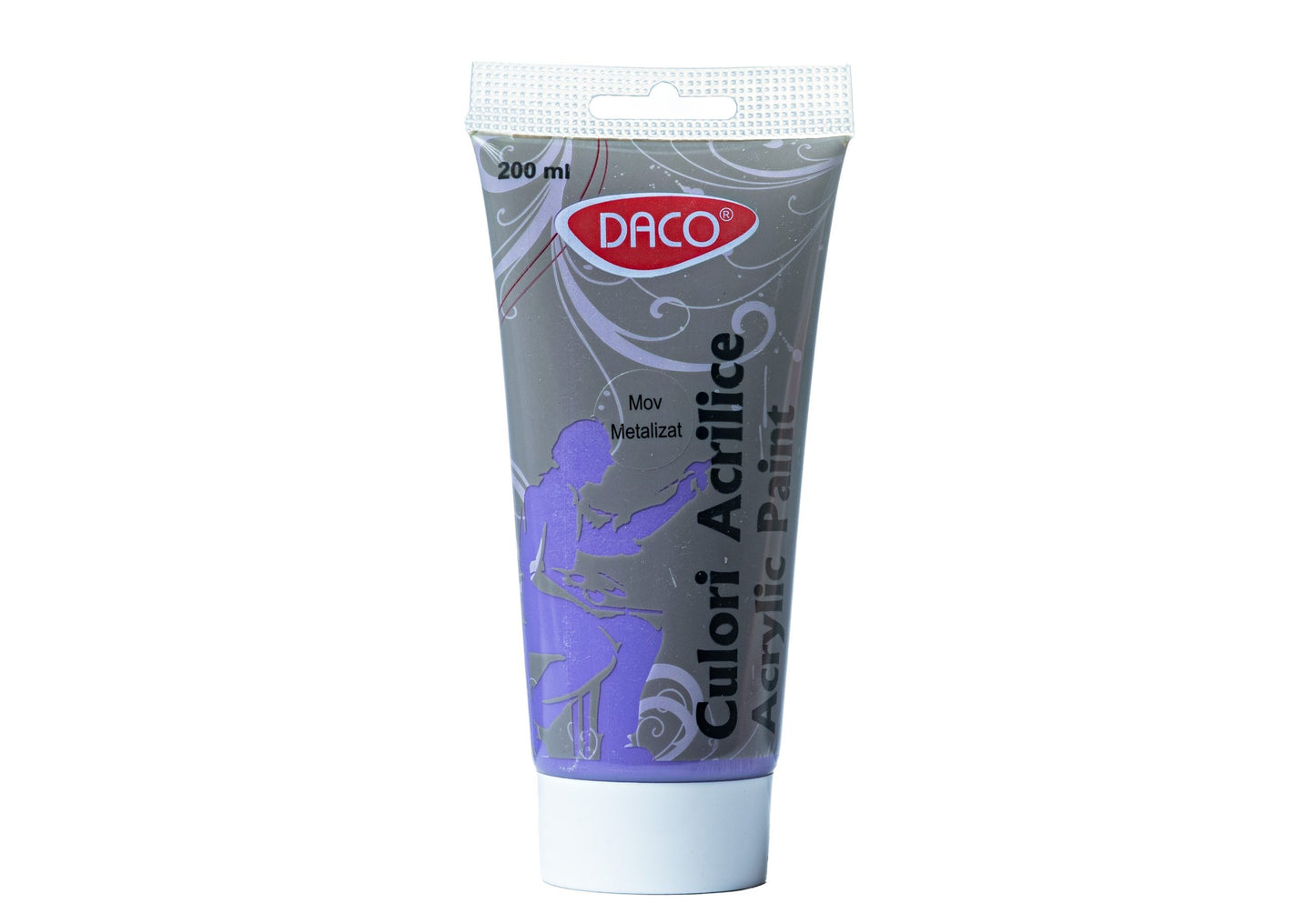 Tub vopsea acrilica DACO culoare Mov Metalizat 200 ml pigment cu reflexii metalice pentru pictura pe panza lemn si proiecte creative moderne