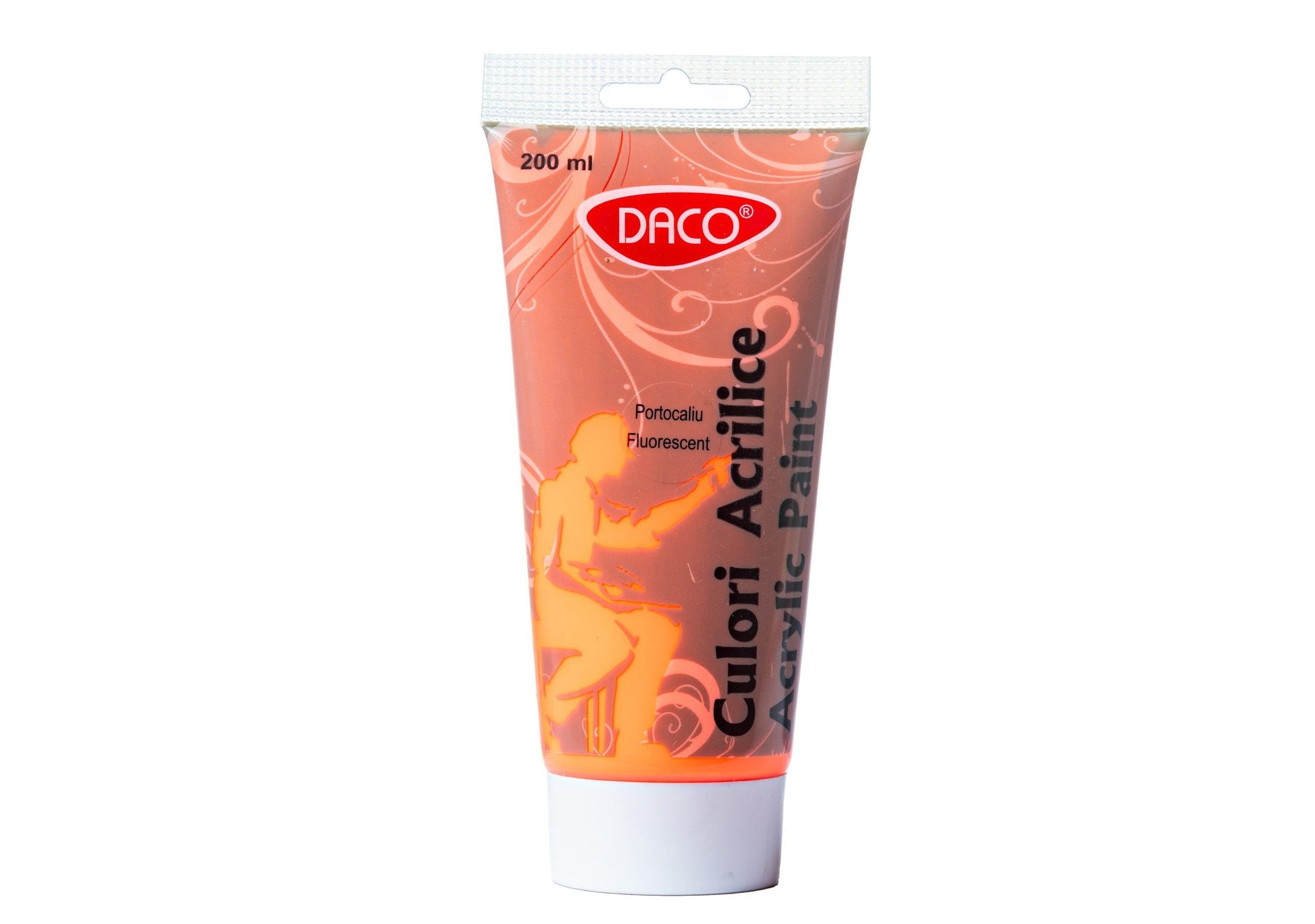 Tub vopsea acrilica DACO culoare portocaliu fluorescent 200 ml pigment neon intens pentru pictura pe panza lemn si proiecte decorative moderne