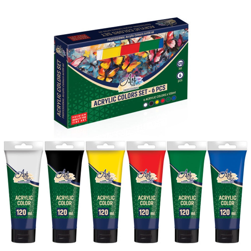 Set vopsea acrilica profesionala Artline 6 culori esentiale 120ml tub plastic comprimabil pentru panza lemn si carton