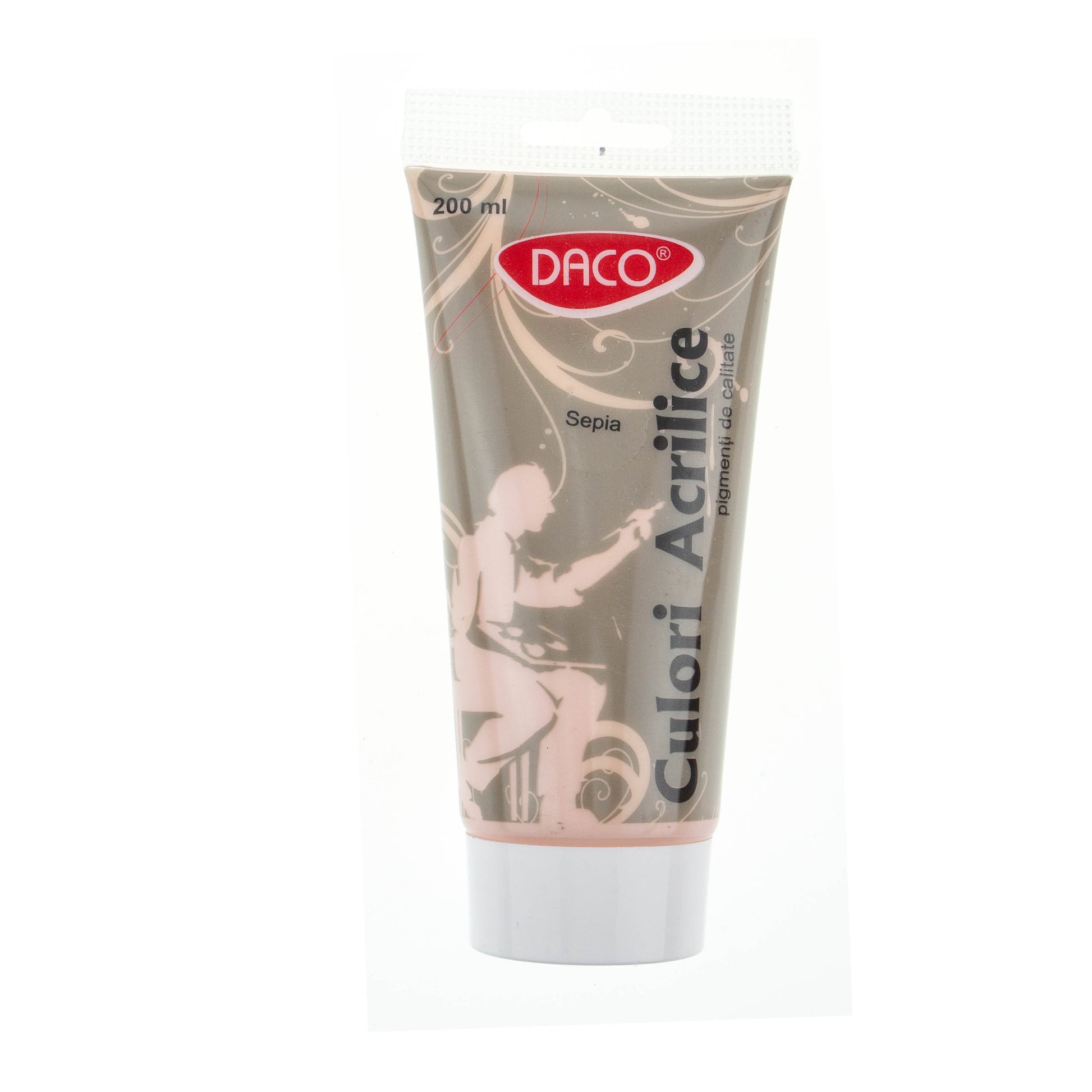 Tub vopsea acrilica DACO culoare Sepia 200 ml pigment intens pământiu pentru umbre pictură pe pânză lemn și efecte decorative vintage