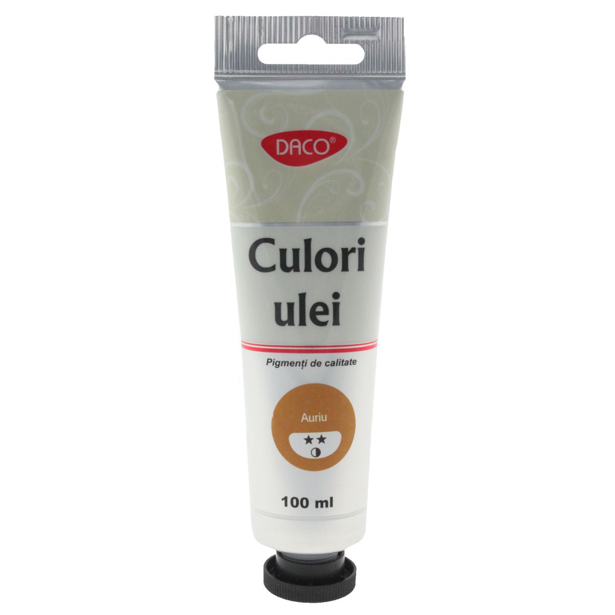 Tub 100 ml vopsea de ulei DACO culoare Auriu cu efect metalic stralucitor pentru accente pictura panza si decoratiuni