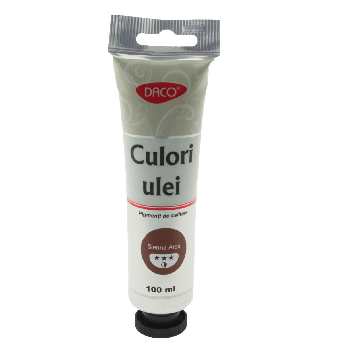 Tub mare 100 ml vopsea de ulei DACO culoare Sienna Arsa pigment pamantiu intens pentru pictura pe panza peisaje si portrete