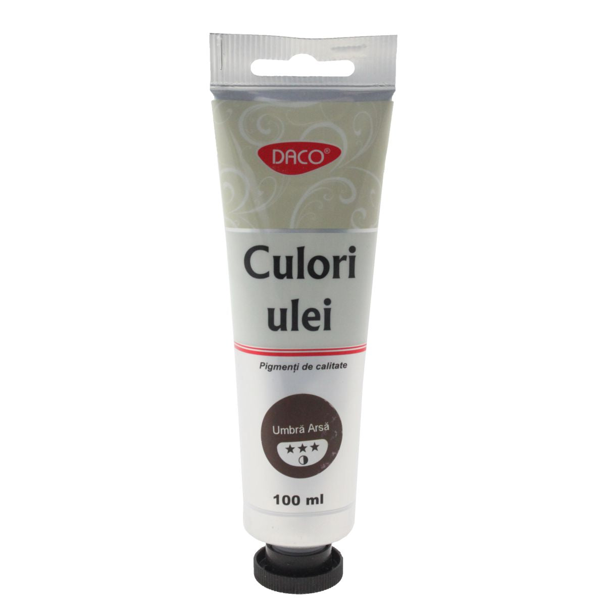 Tub mare 100 ml vopsea de ulei DACO culoare Umbra Arsa pigment pamantiu intens pentru pictura pe panza umbre si portrete