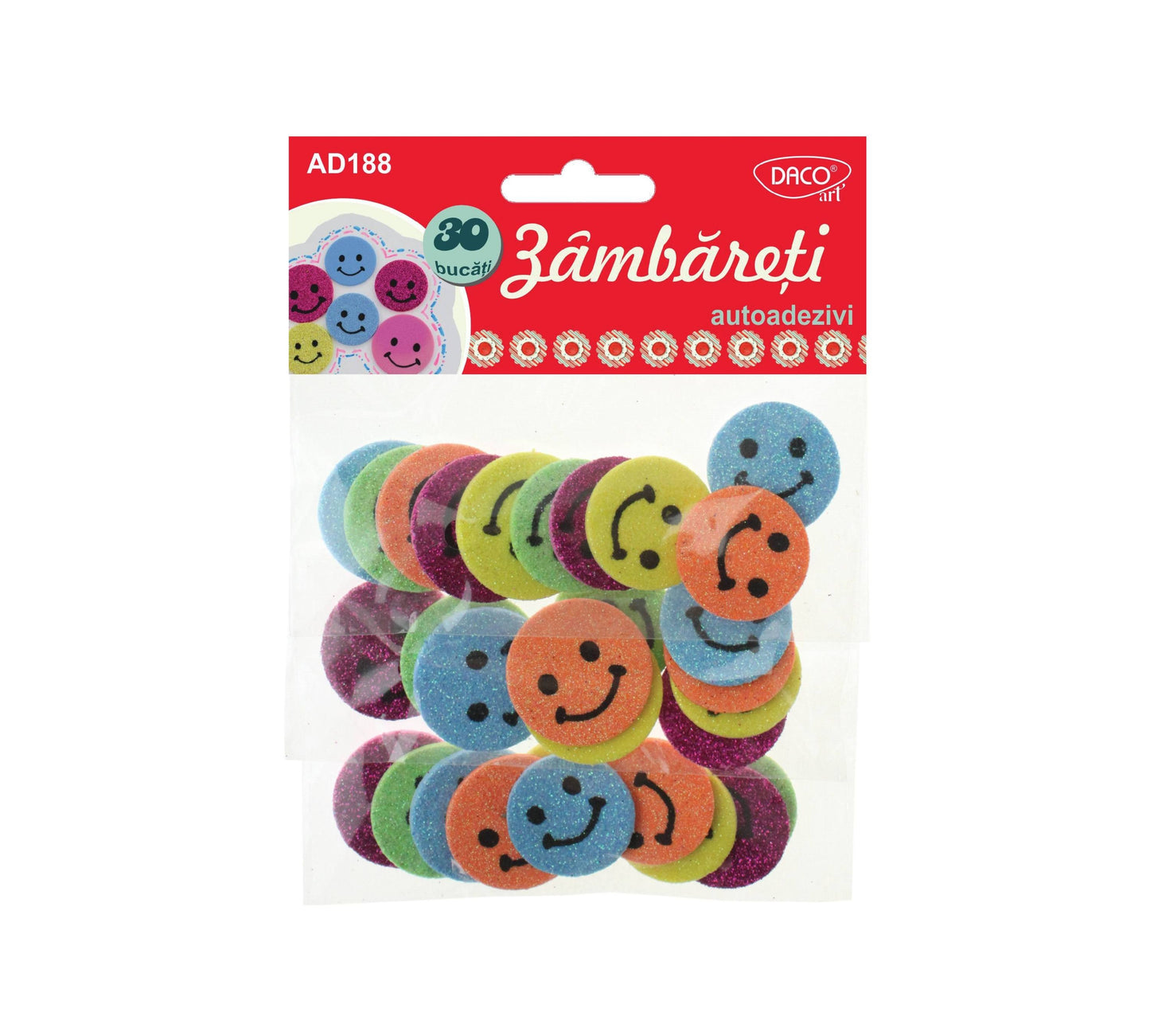 Set de 30 figurine zâmbăreți din spumă glitter autoadezivă în 5 culori și 2 dimensiuni, brand DACO Art, cod AD188